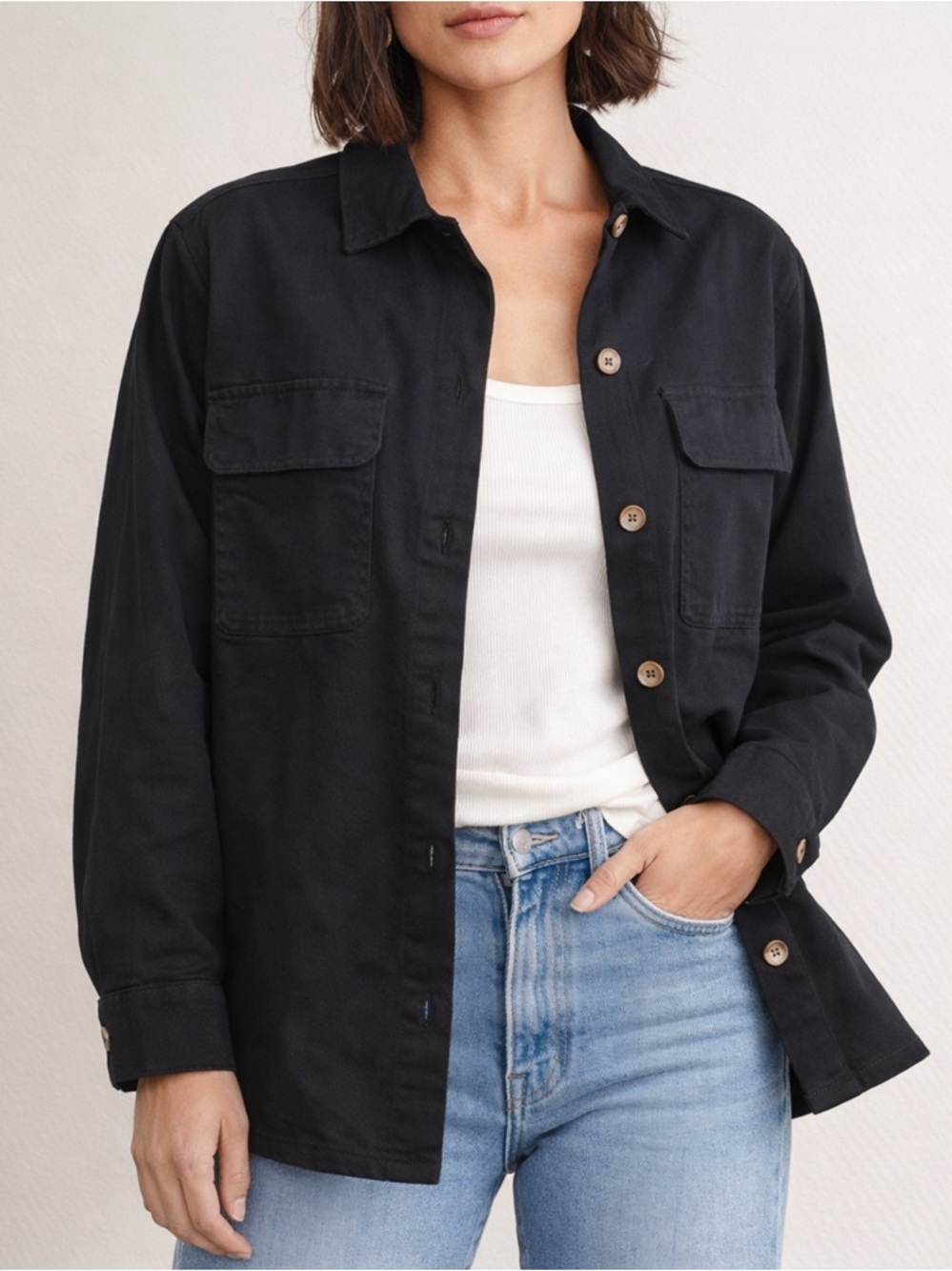 NWOT Alpha Studio Black Cotton Women Oversized Heavy Shirt Shacket Sz 44